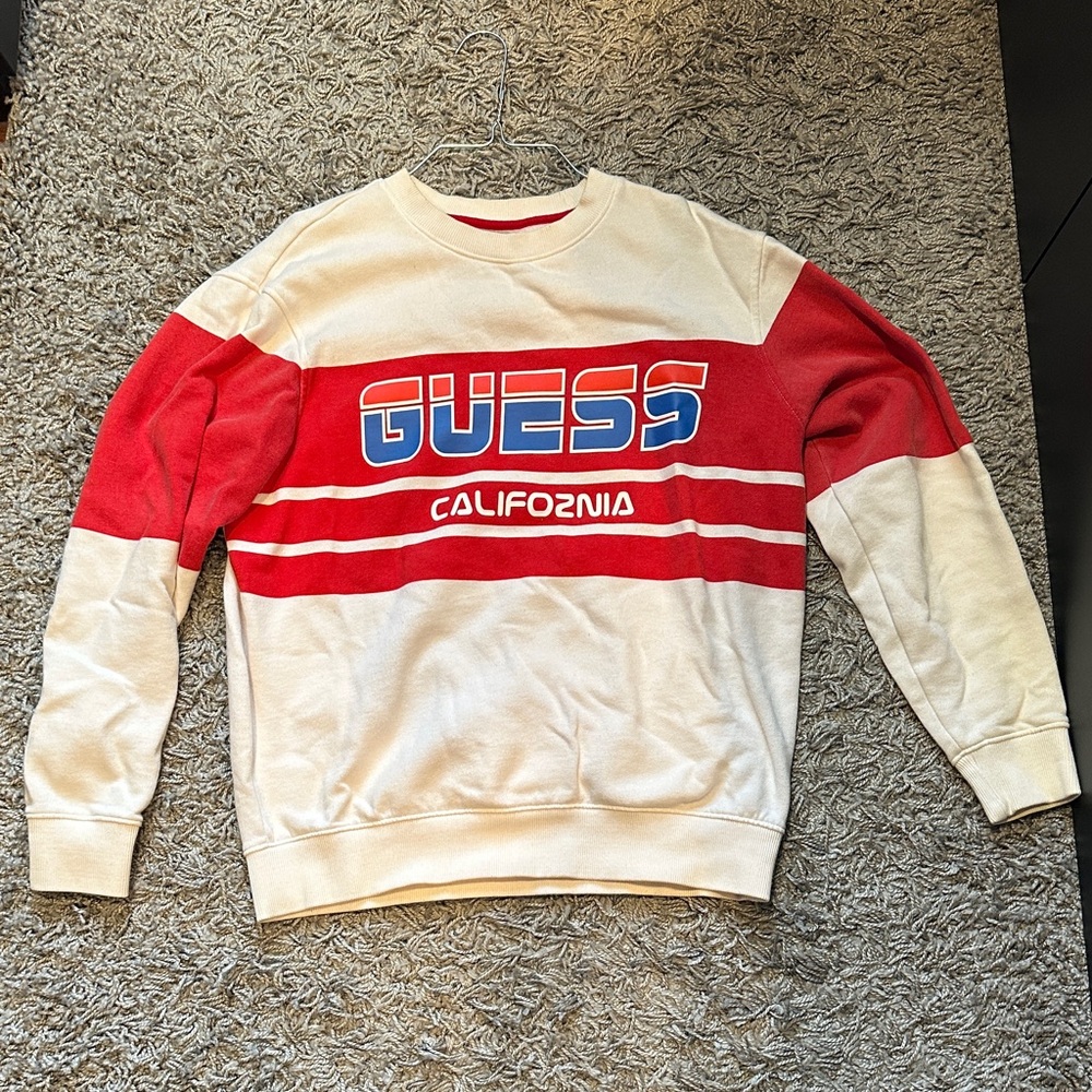 Guess Men's Red and Cream Crewneck Sweater